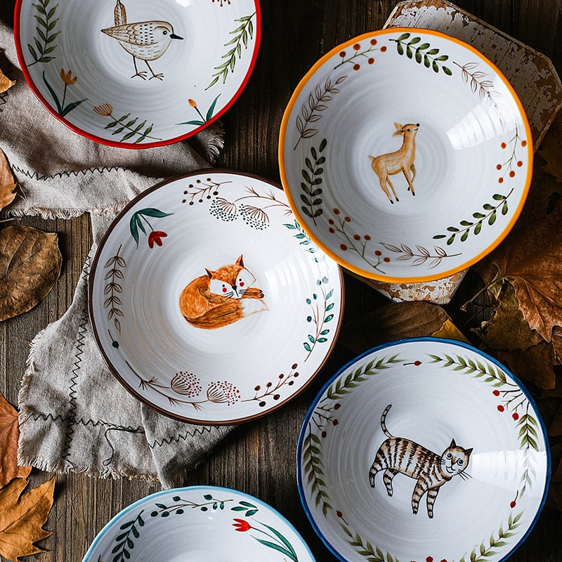 Cute Colorful Animals ON Ceramic Bowls Bird Fox Deer Cat Flowers Leaves Forest Woodland Bavarian Home Decor