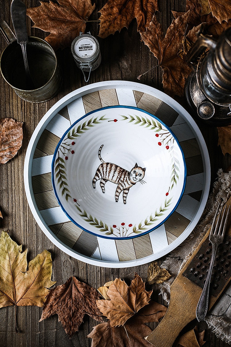 Autumn Tablescape With Fall Leaves And Hand Painted Cat Bowl Ceramic Dinnerware Dishes