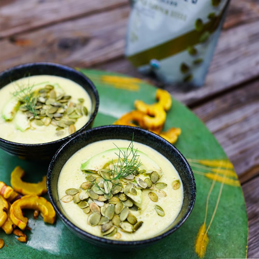 Healthy Soup Living Intentions Recipe Soups Garnished With Salted Pumpkin Seeds