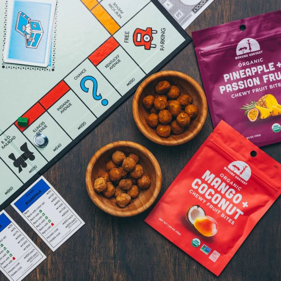 Healthy Game Night Snacks Organic Fruit Monopoly Game And Mavuno Harvest Tropical Fruit Bites