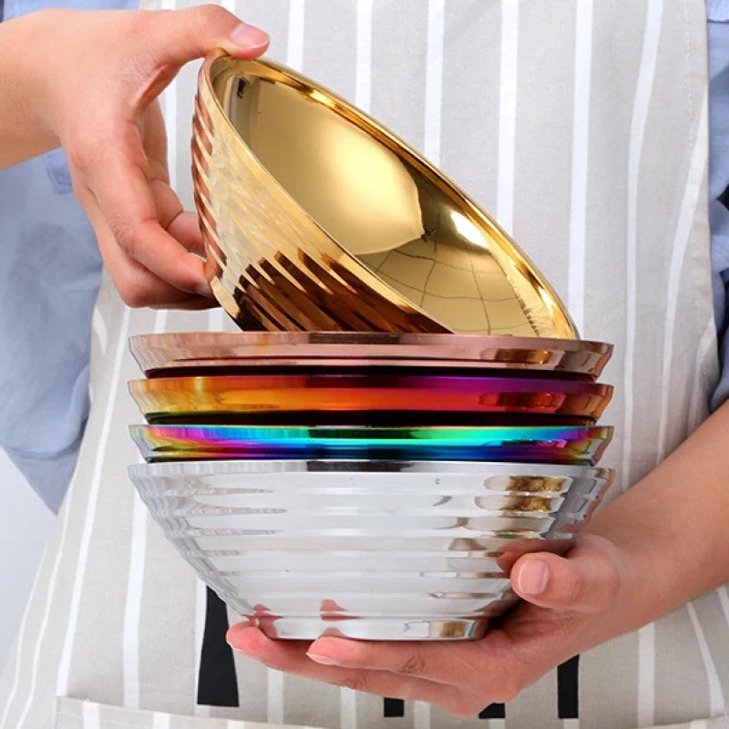 Holding A Stack Of Bowls Colorful Double Wall Metal Glam Stainless Steel Large Size Noodle Bowls In Five Color Varieties
