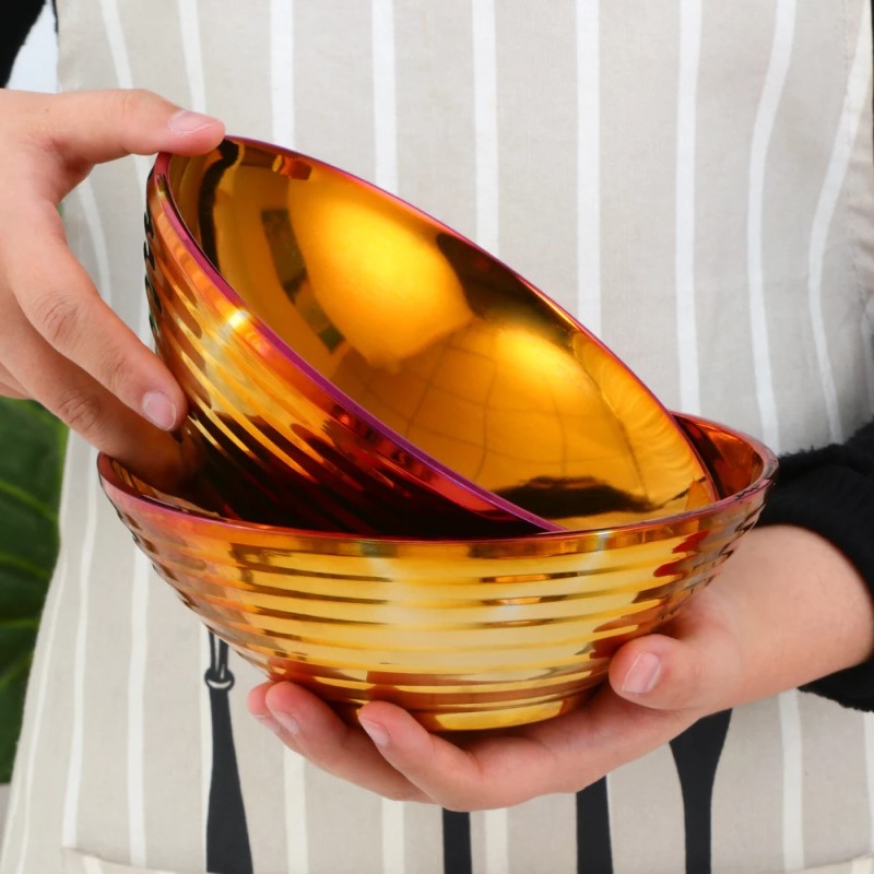 Holding Two Glamorous Large Noodle Bowls In Ombre Sunset Color Shiny Stainless Steel Dishes
