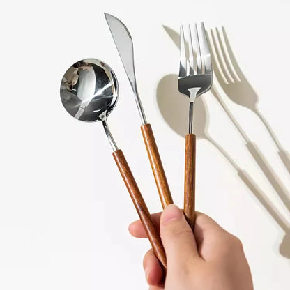 Holding 3 Piece Silverware Set With Rosewood Handles Ferme Stainless Steel Flatware