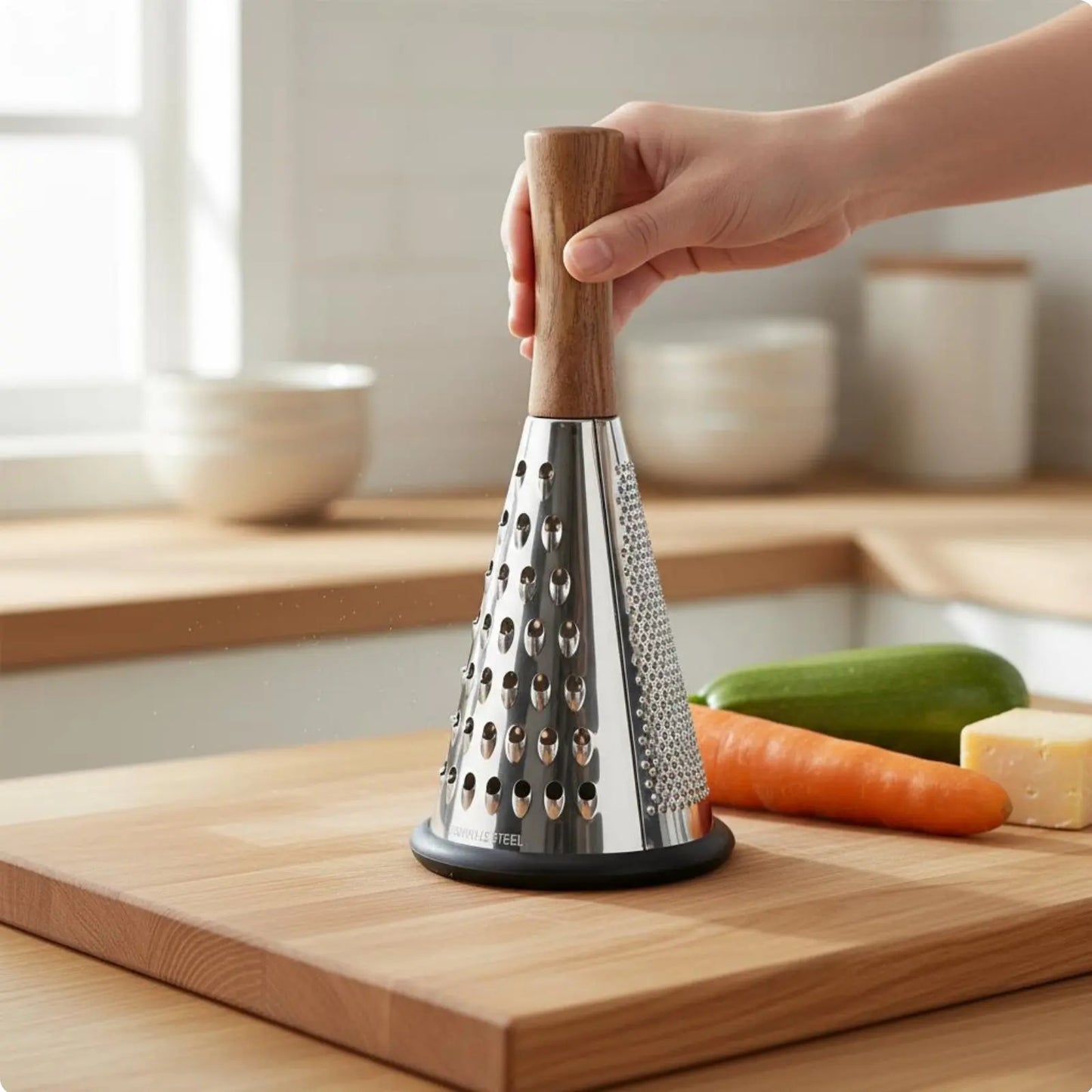 Holding Wooden Handle On Small Grater Kitchen Tool Vegetable Grater