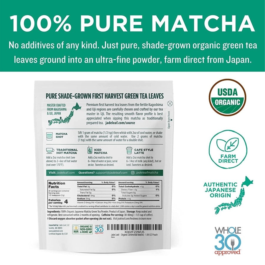 Jade Leaf 100 Percent Pure Matcha No Additives Shade Grown Green Tea Powder USDA Organic Farm Direct Authentic Japanese Origin Whole30 Approved