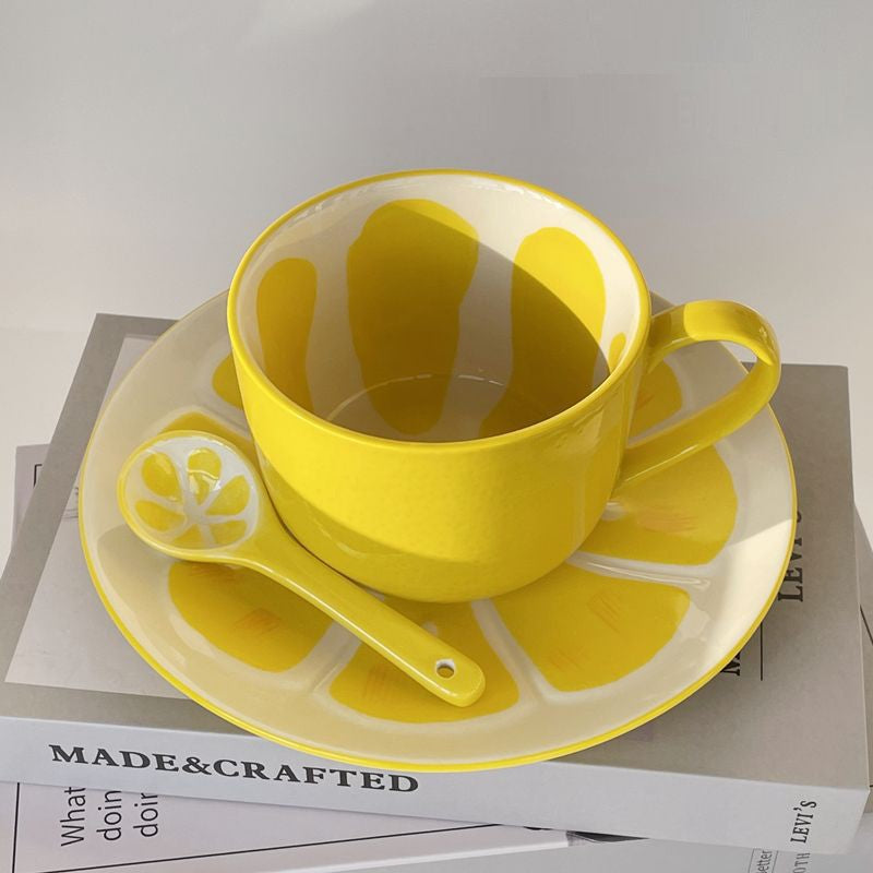 Summer Fruit Style Ceramic Lemon Mug With Matching Spoon & Plate Set