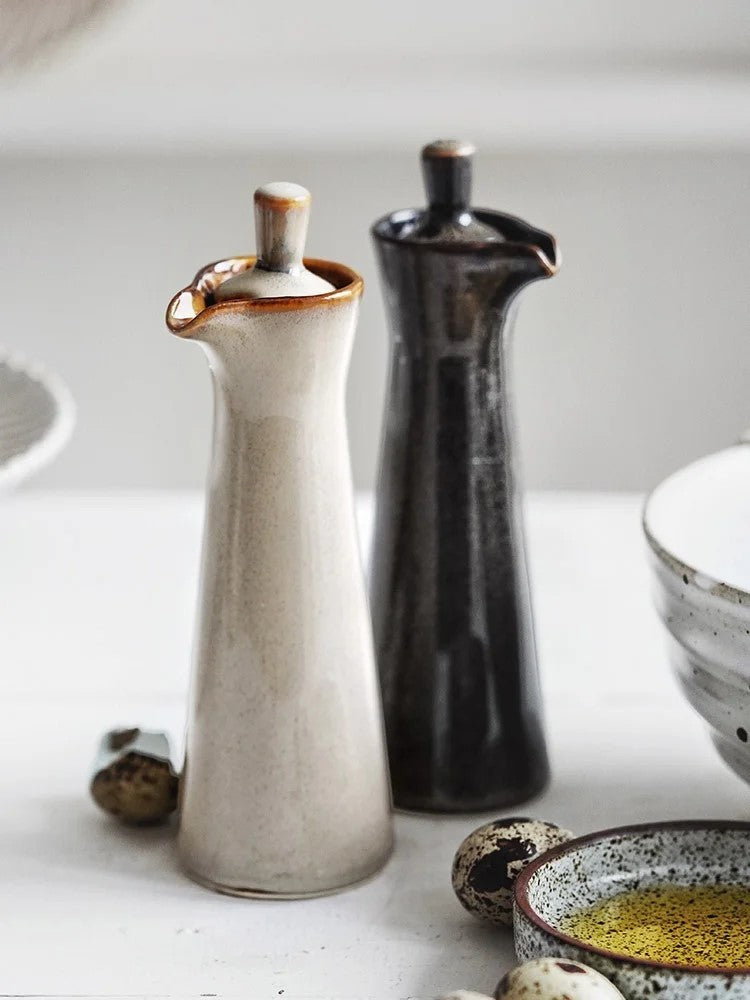 Light And Dark Ceramic Bottles For Oil And Vinegar Farmhouse Table With Terrace Biscuit And Carob Color Vinegar And Oil Cruets