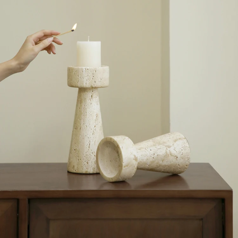 Lighting Candle To Create Ambiance And Luxury Room Decor Chiaro Travertine Stone Pillars