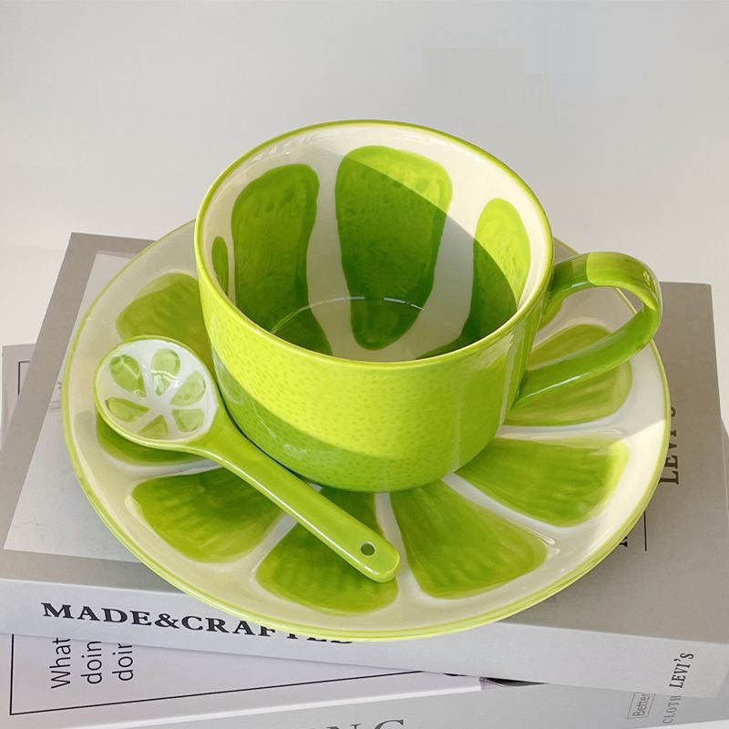 Summer Fruit Style Ceramic Lime Mug With Matching Spoon & Plate Set