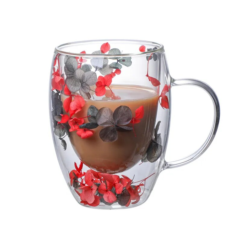 Petal Fancy Double Wall London Style Glass Mug With Dried Flowers