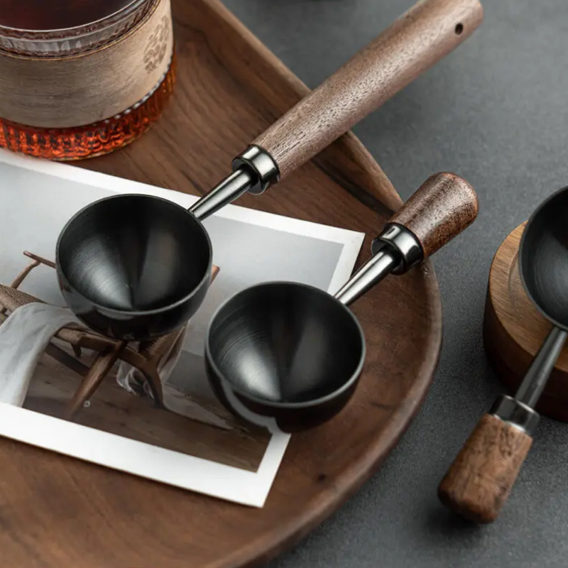 Dark Stainless Steel And Wood Luxury Barista Short And Long Coffee Scoop Spoons