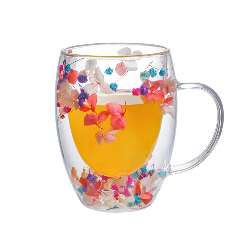Petal Fancy Double Wall Los Angeles Style Glass Mug With Dried Flowers 