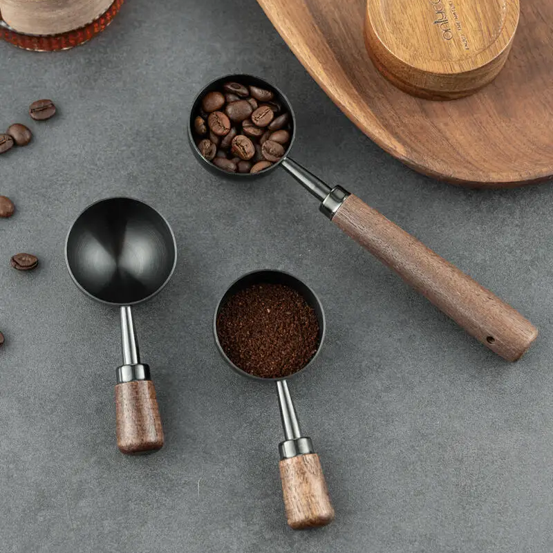 Scoop Coffee Grounds Or Coffee Beans With Luxury Style Walnut Wood And Metal Coffee Scoops Dark Stainless Steel Available With Short Or Long Handle