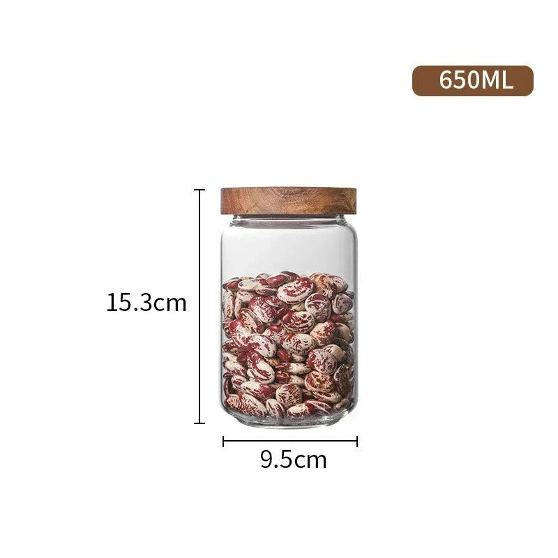 M Size Measurements Of Wilderness Collection Acacia Wood & Glass Sealable Food Storage Jar 650ml