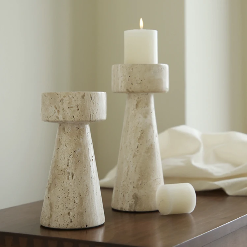 Marbled Looking Travertine Stone Pillars For Holding Candles And Room Decor Accents