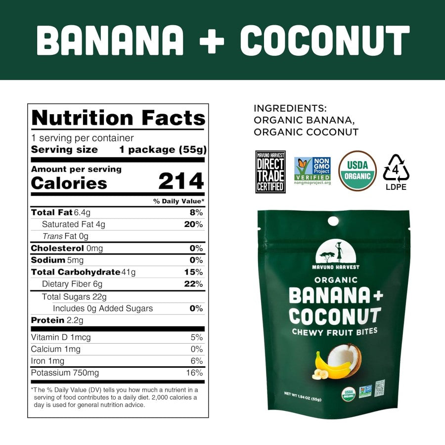 Mavuno Harvest Organic Ingredients Banana Coconut Chewy Fruit Bites
