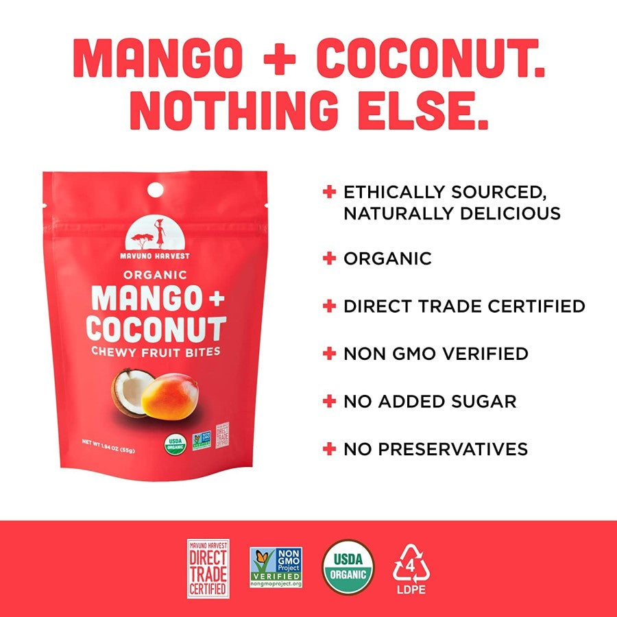 Mango Coconut Nothing Else Organic Direct Trade No Added Sugar Fruit Snack Mavuno Harvest Chewy Fruit Bites