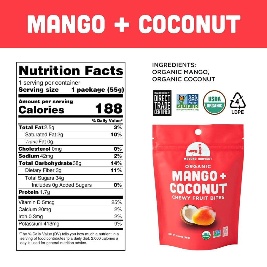Mavuno Harvest Organic Ingredients Mango Coconut Chewy Fruit Bites