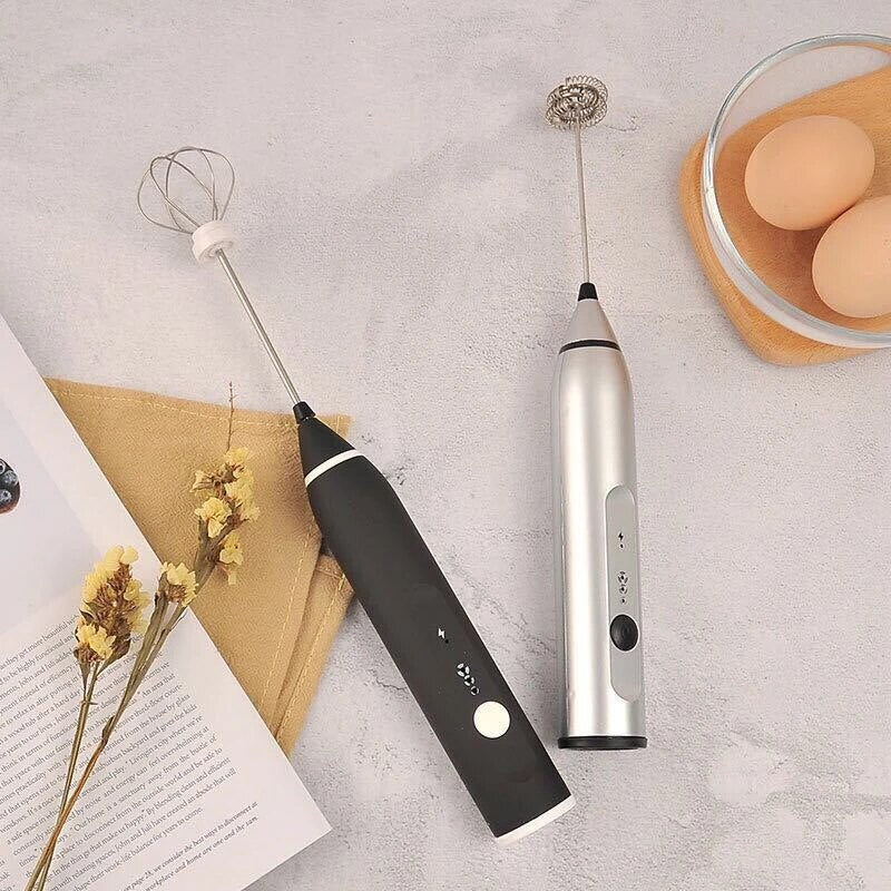 Black Frother Silver Frother Latte Wands On Counter Top With Optional Egg Whisk Attachment
