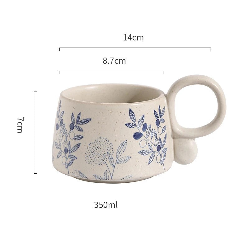 Nature In Blue Ceramic Mug With Loop Handle Milkweed Butterfly Garden Flower Pattern Drinking Cup Size Measurements