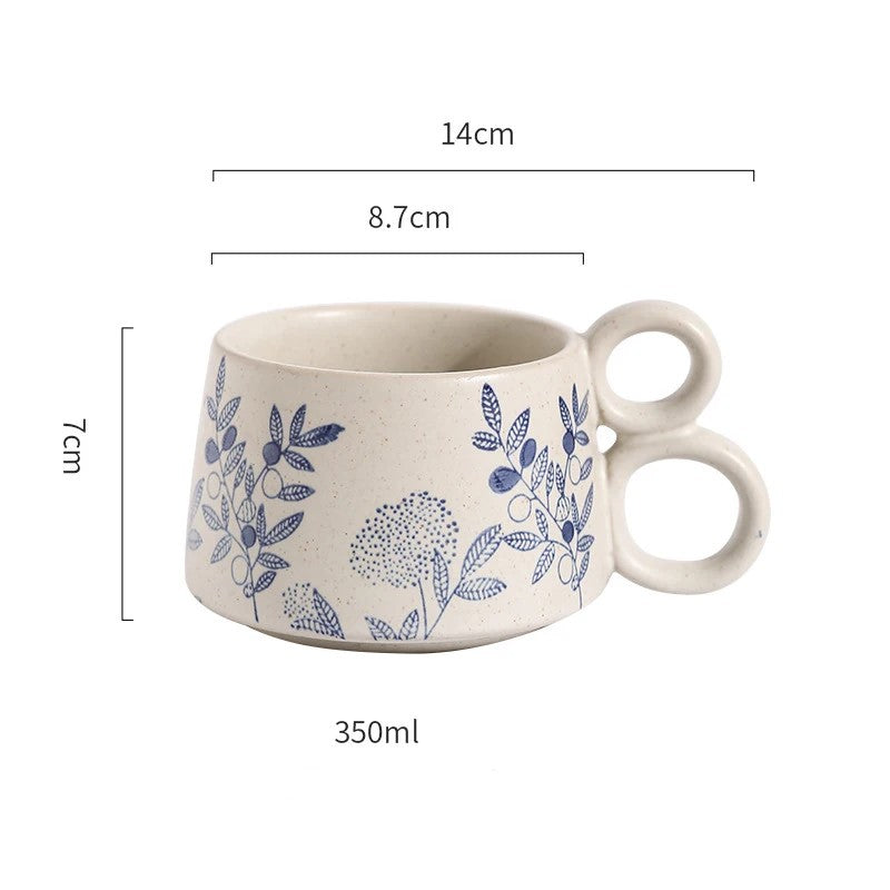 Nature In Blue Ceramic Mug With Double Loop Handle Milkweed Butterfly Garden Flower Pattern Drinking Cup Size Measurements
