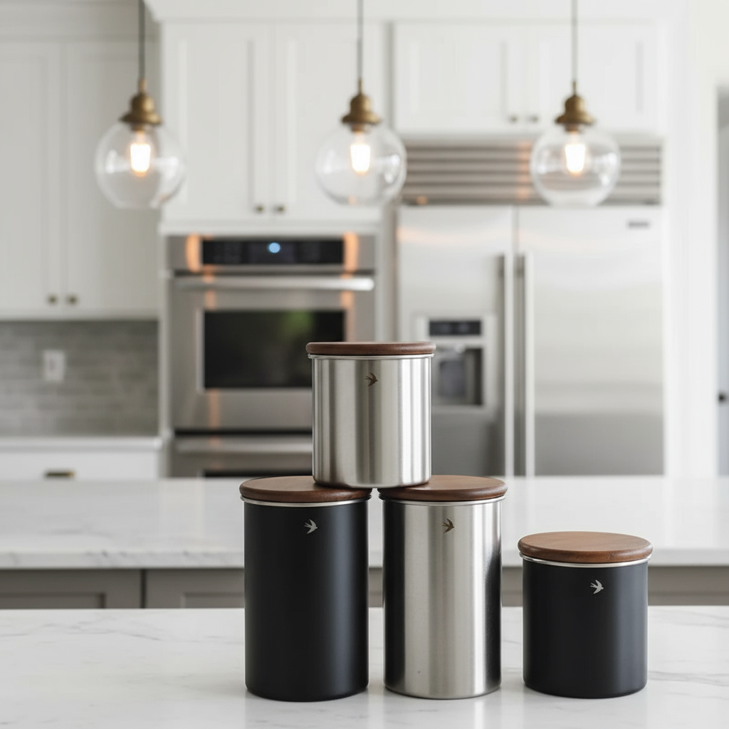 Modern Kitchen Decor Stainless Steel Swift Countertop Canisters In Nice Kitchen Functional Countertop Decor