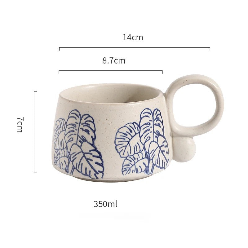 Nature In Blue Ceramic Mug With Loop Handle Monstera Tropical Leaf Pattern Drinking Cup Size Measurements