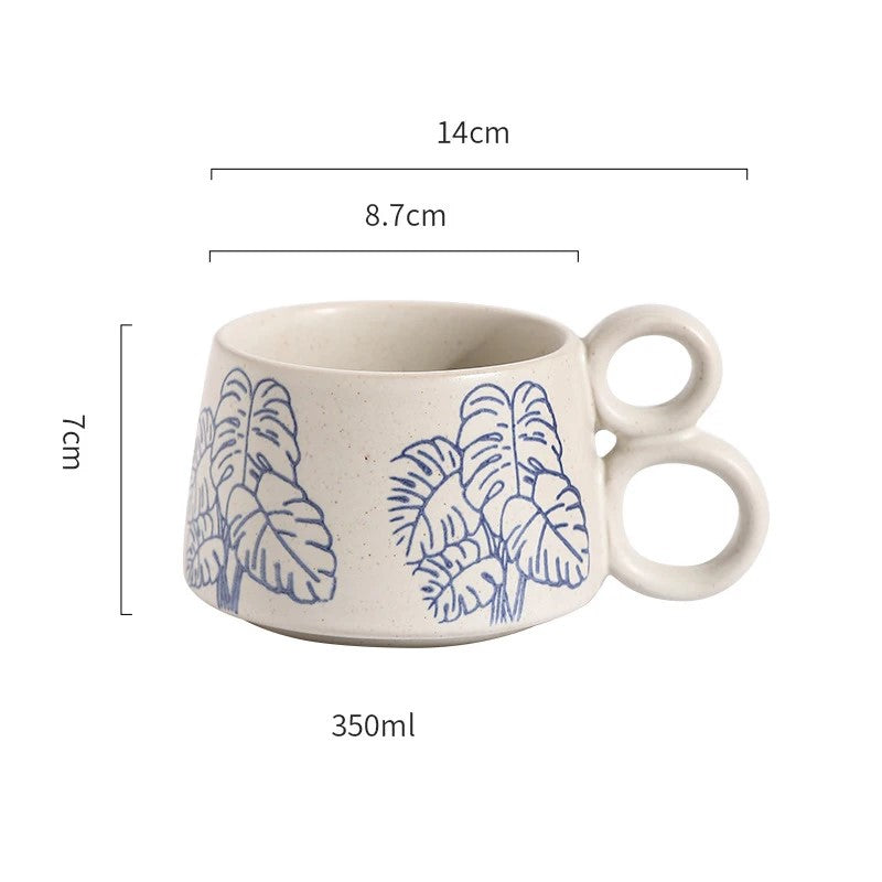 Nature In Blue Ceramic Mug With Double Loop Handle Monstera Tropical Leaf Pattern Drinking Cup Size Measurements