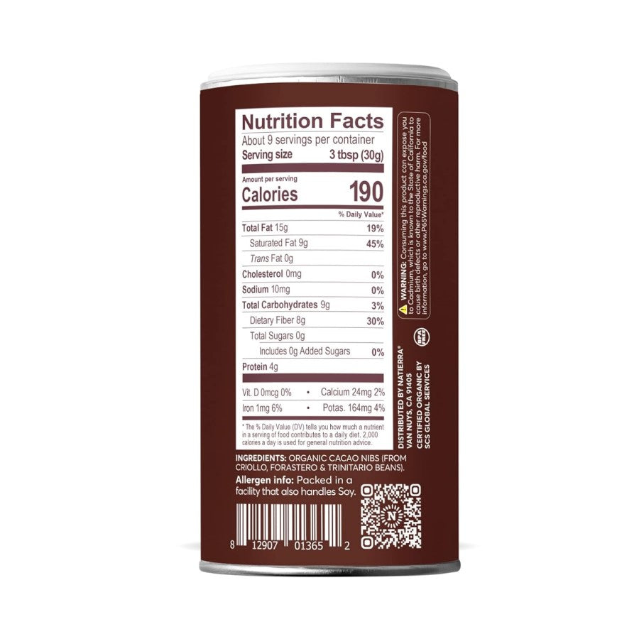 Organic Natierra Cacao Nibs Nutrition Facts Ingredients On Shaker Container