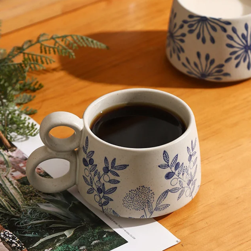 Cup Of Coffee In Garden Pattern Mug With Two Loop Handle Design Nature In Blue Milkweed Ceramic Mug