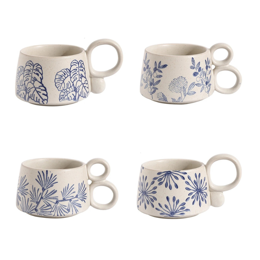 Nature In Blue Ceramic Mugs With Loop Handles