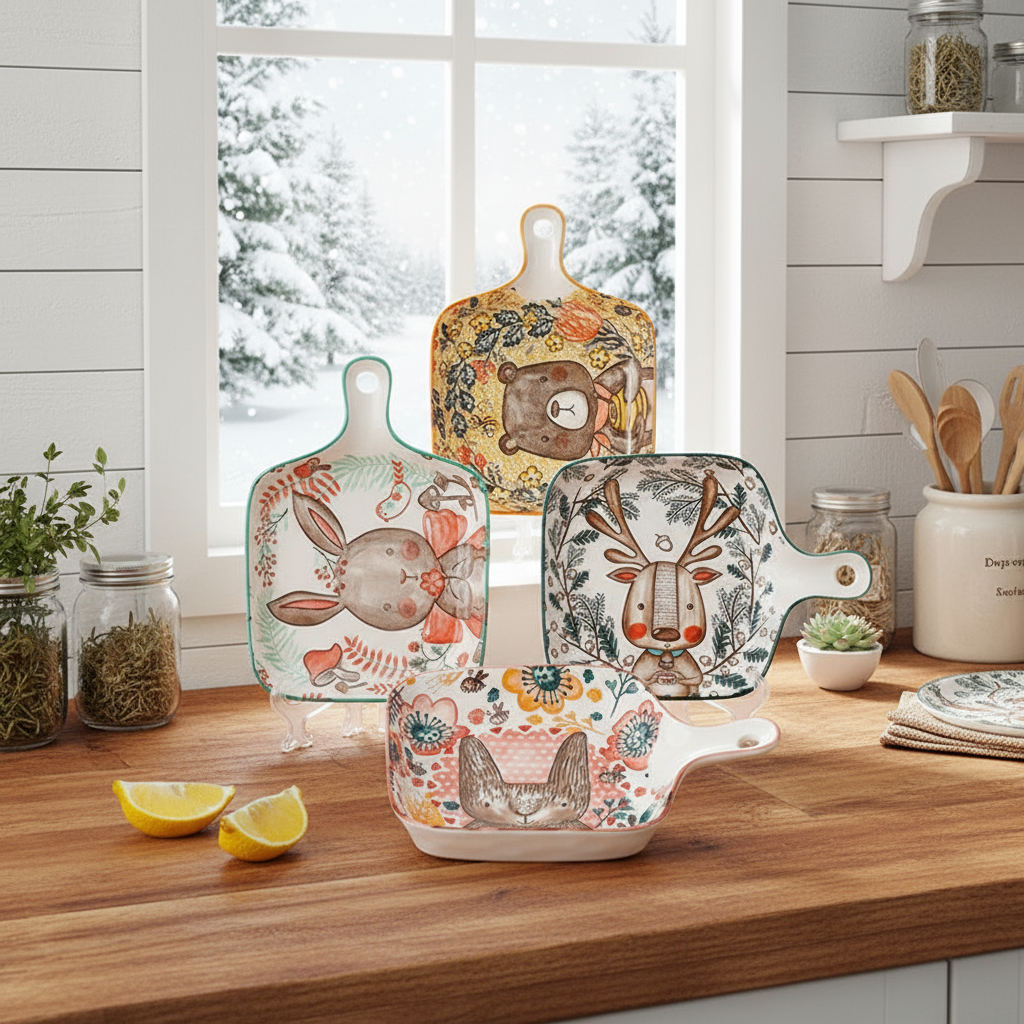 Nordic Forest Friends Baking Plates In Winter Season Farmhouse Kitchen Decor For Snowy Weather And Spring To Summer Vibes