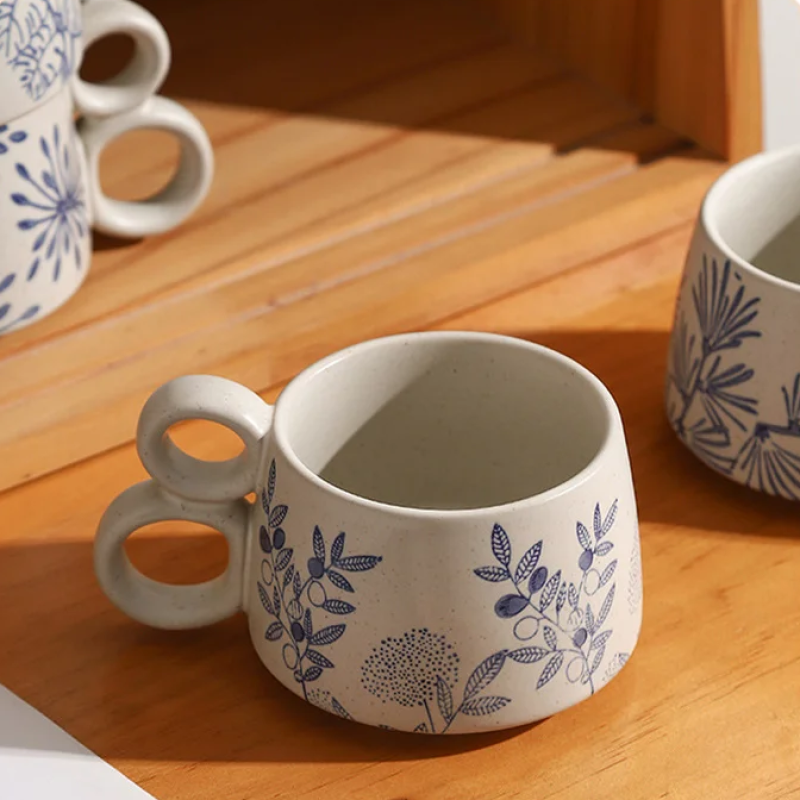 Blue Plant Patterns On Two Loop Handle Ceramic Mugs Nature In Blue Drinkware