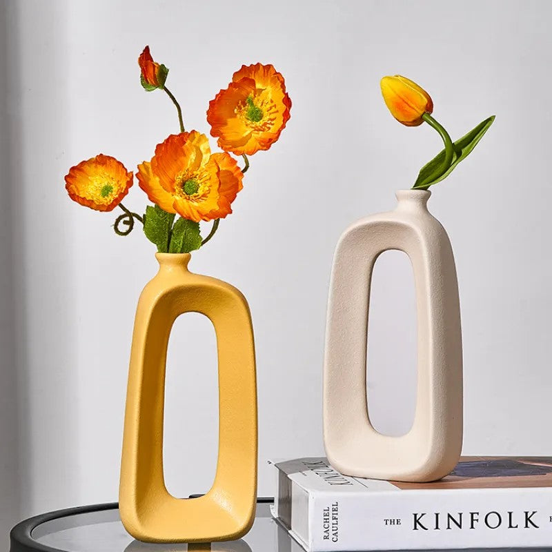 Yellow And White Flower Vases In Modern Abstract Art Style Ceramics With Organic Shapes