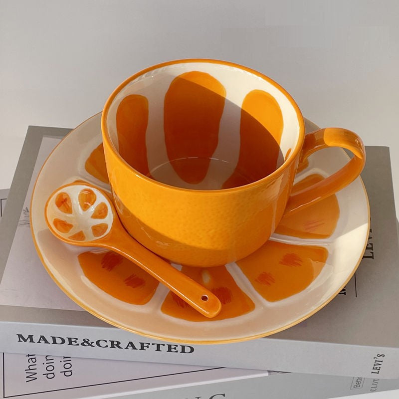 Summer Fruit Style Ceramic Orange Mug With Matching Spoon & Plate Set