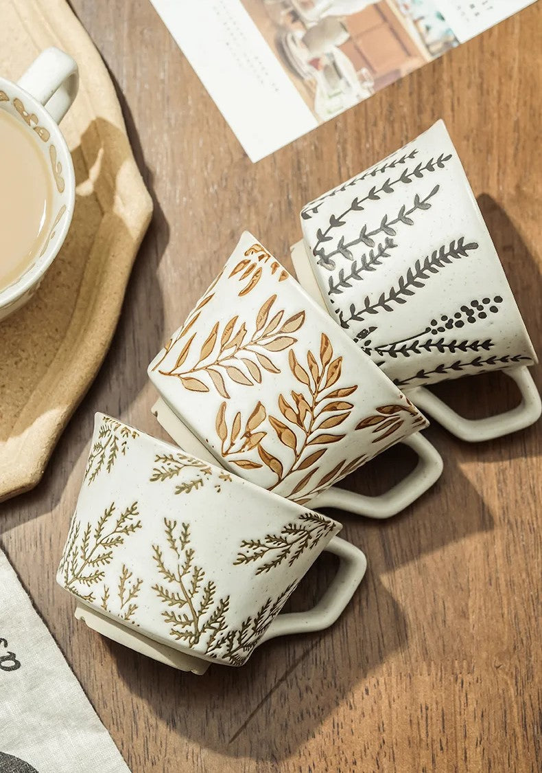Natural Garden And Plant Style Ceramic Pottery Cups Organic Botanics Mugs With Botanic Designs