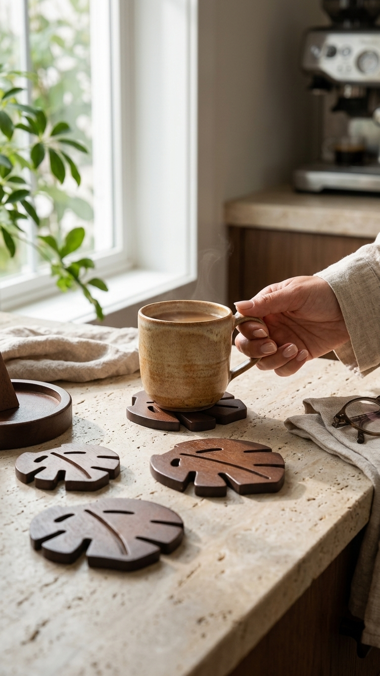 Wood Leaf Shaped Drink Coaster Tree