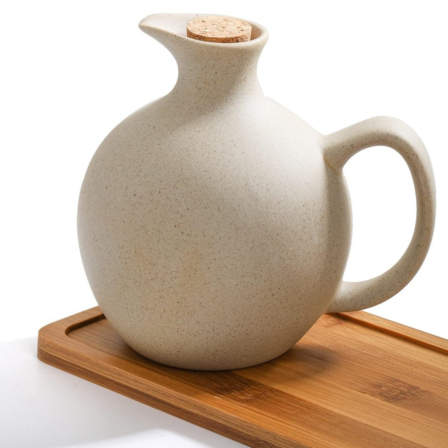Modern Ceramic Stoneware Jar For Liquid Condiments Small Earthenware Jug With Cork Stopper On Bamboo Tray