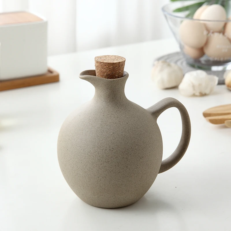 Organic Style Ceramic Oil And Vinegar Jar With Cork Stopper