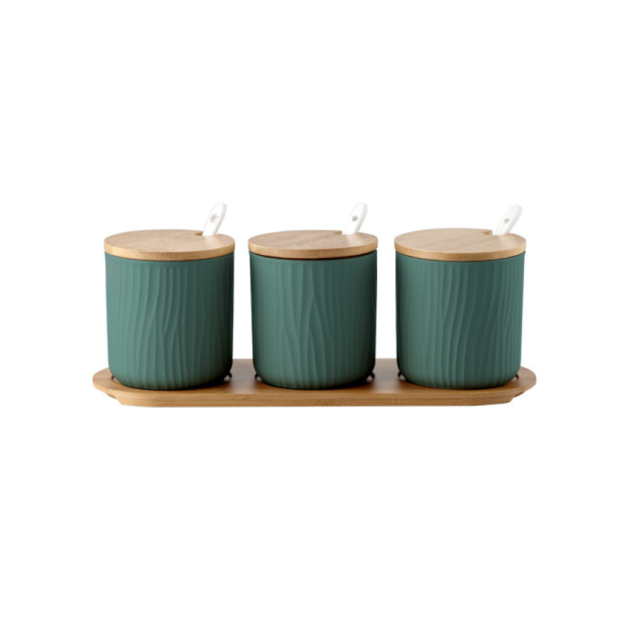 Organic Seaside Style Ceramic Jar & Spoon Sets With Bamboo Lids