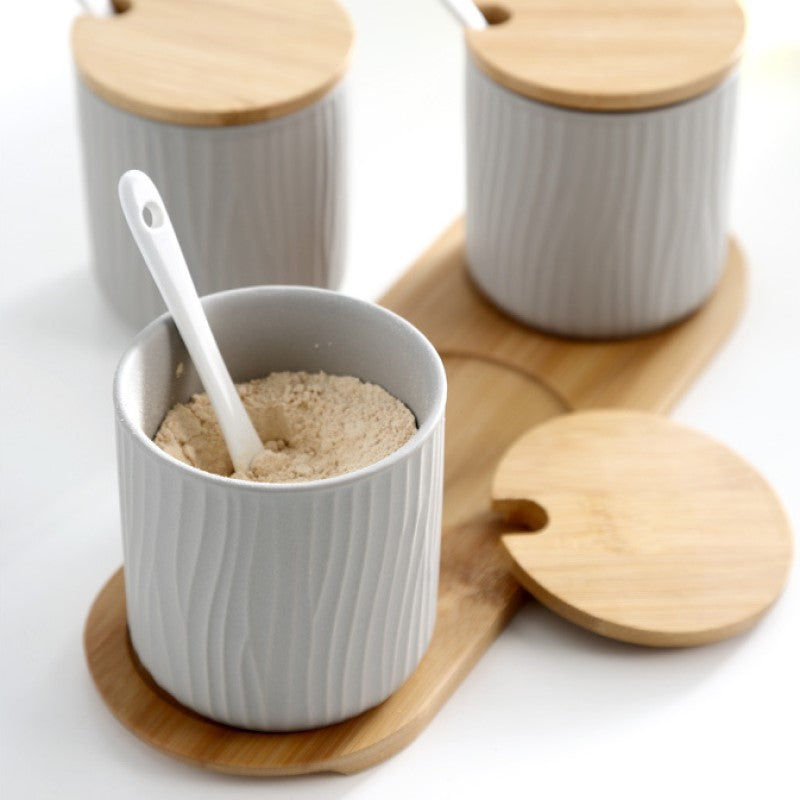 Organic Seaside Style Ceramic Jar & Spoon Sets With Bamboo Lids