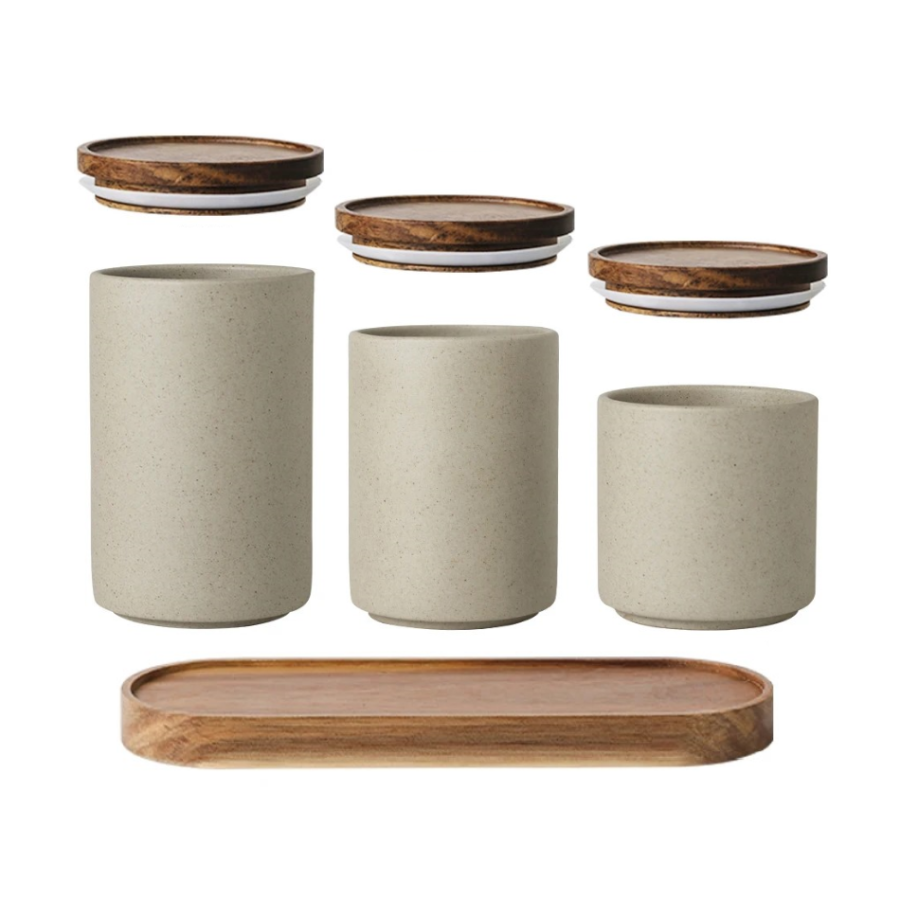 Organic Modern Style Wood & Ceramic Sealable Food Storage Jars