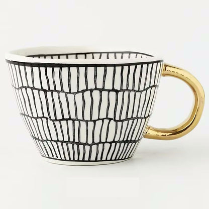 Organic Artistic Style Patterned Irregular Shaped Ceramic Mug With Gold Handle