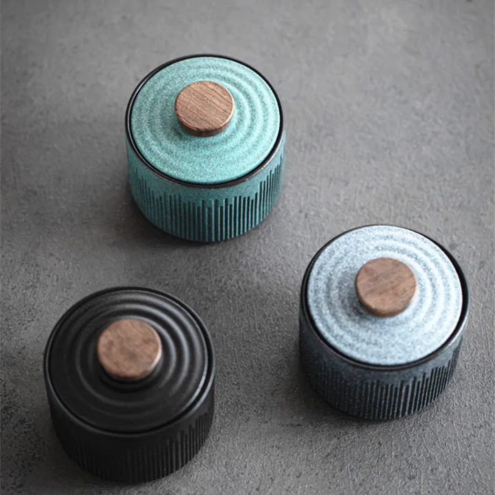 Colorful Ceramic Jars With Wood Knobs Tahoe Style Decor Tea Caddies