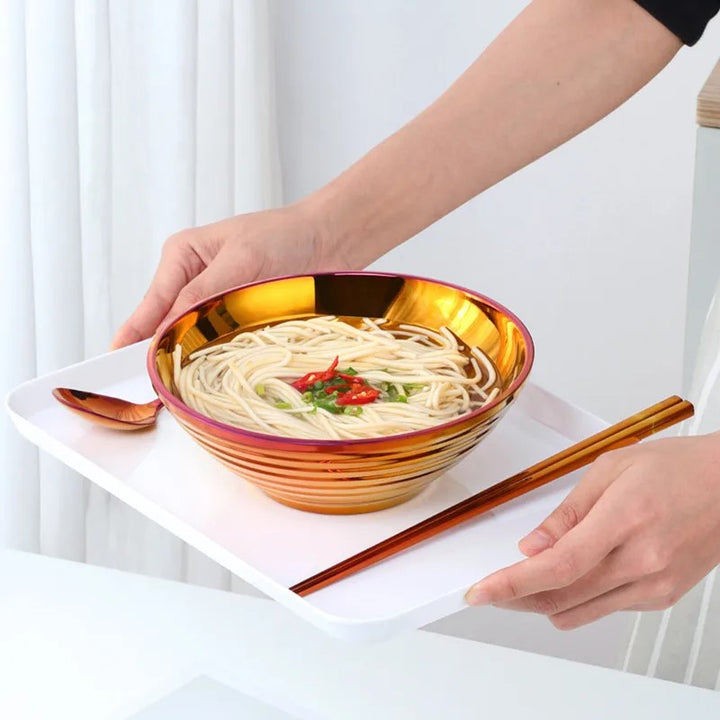 Serving Noodle Soup Recipe In Glam Sunset Color Stainless Steel Insulated Bowl With Matching Spoon And Metal Chopsticks