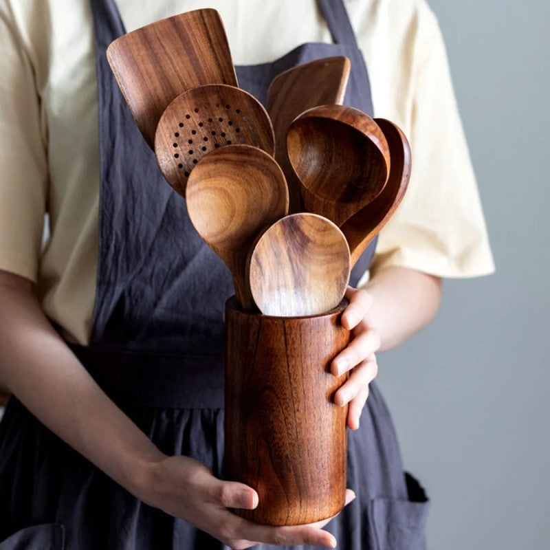 Person Holding Farmhouse Kitchen Decor Real Wood Teak Cooking Tools In Utensil Holder