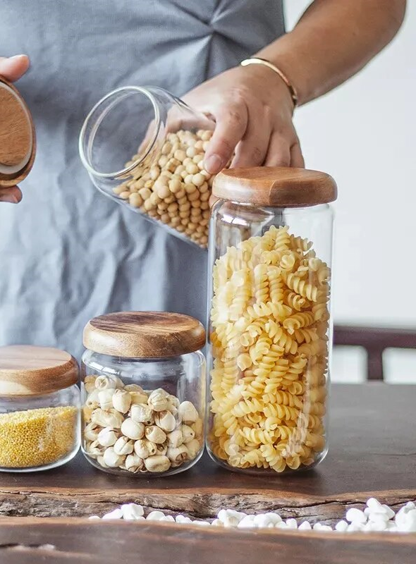 Dry Beans Nuts And Pasta Storage Jars Glass Canisters With Sealable Wood Lids