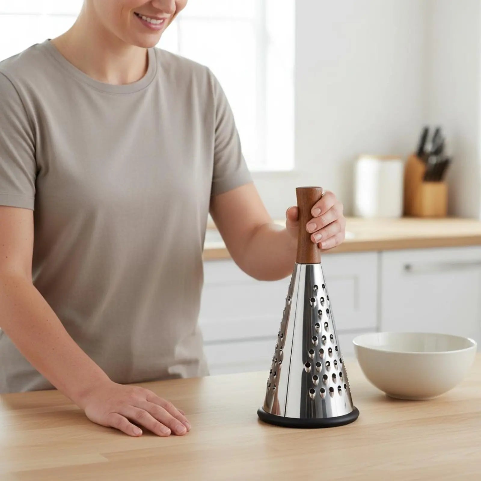 Person In Kitchen Holding Metal Grater With Wooden Handle