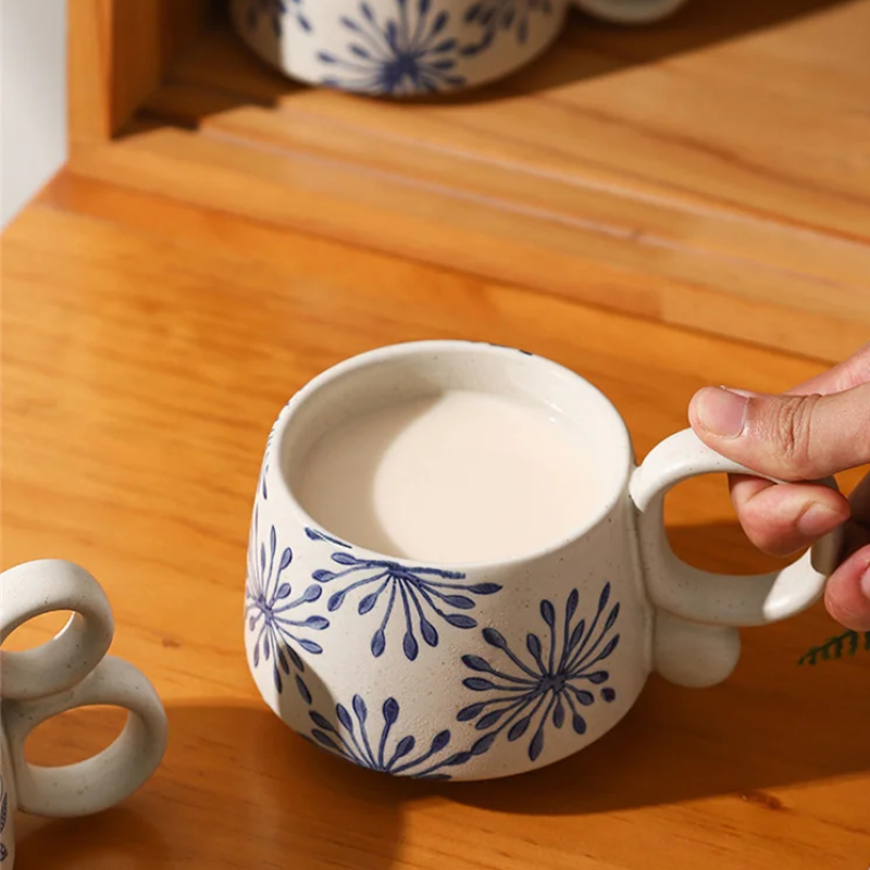 Holding Cup Of Warm Milk In Ceramic Mug With Loop Handle Nature In Blue Dandelion Design