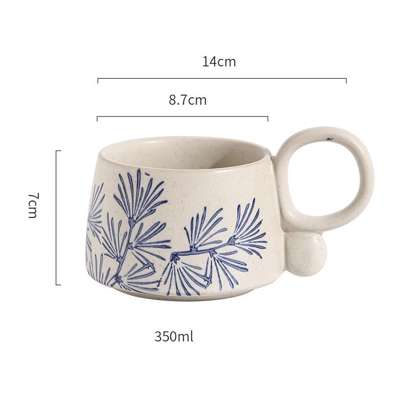 Nature In Blue Ceramic Mug With Loop Handle Pine Needles Pattern Drinking Cup Size Measurements